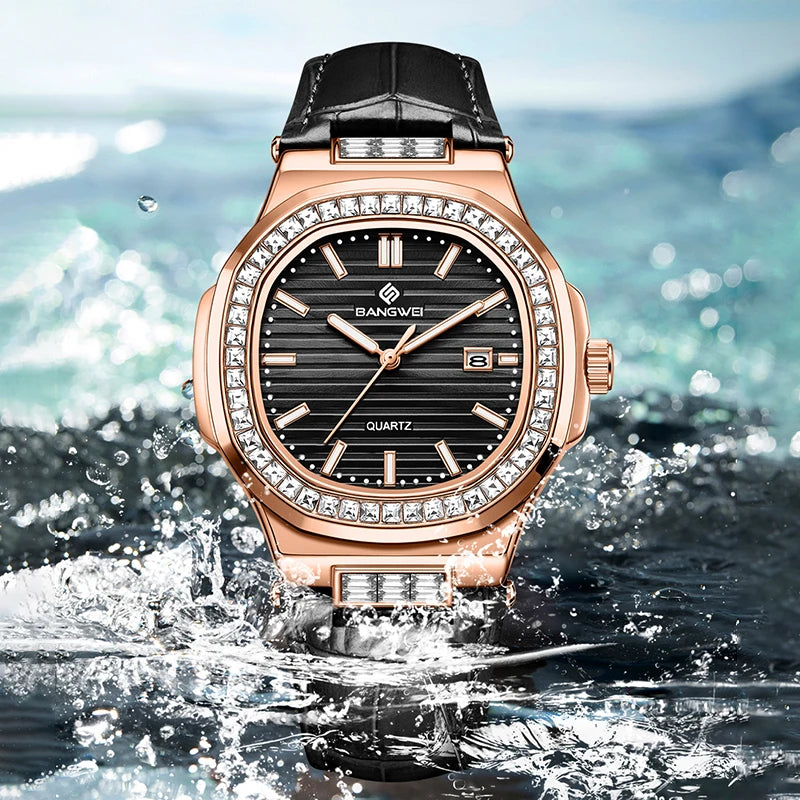 LIGE Bangwei Fashion Simple Quartz Woman Watch Diamond Watches Auto Date Waterproof Leather Casual Sport Women's Wristwatch Gift