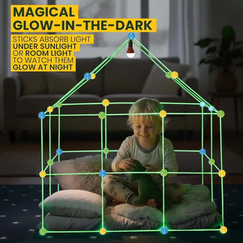 ort Building Kit or Kids -132 PCS- Glow-in-The-k STEM Tent or Kids with Starry Sheet & Light - Indoor and Outdoor Building Toy o