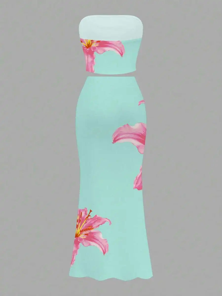 Women's Floral Print Strapless Crop Top & Maxi Skirt Set, Summer Beach Party Outfit