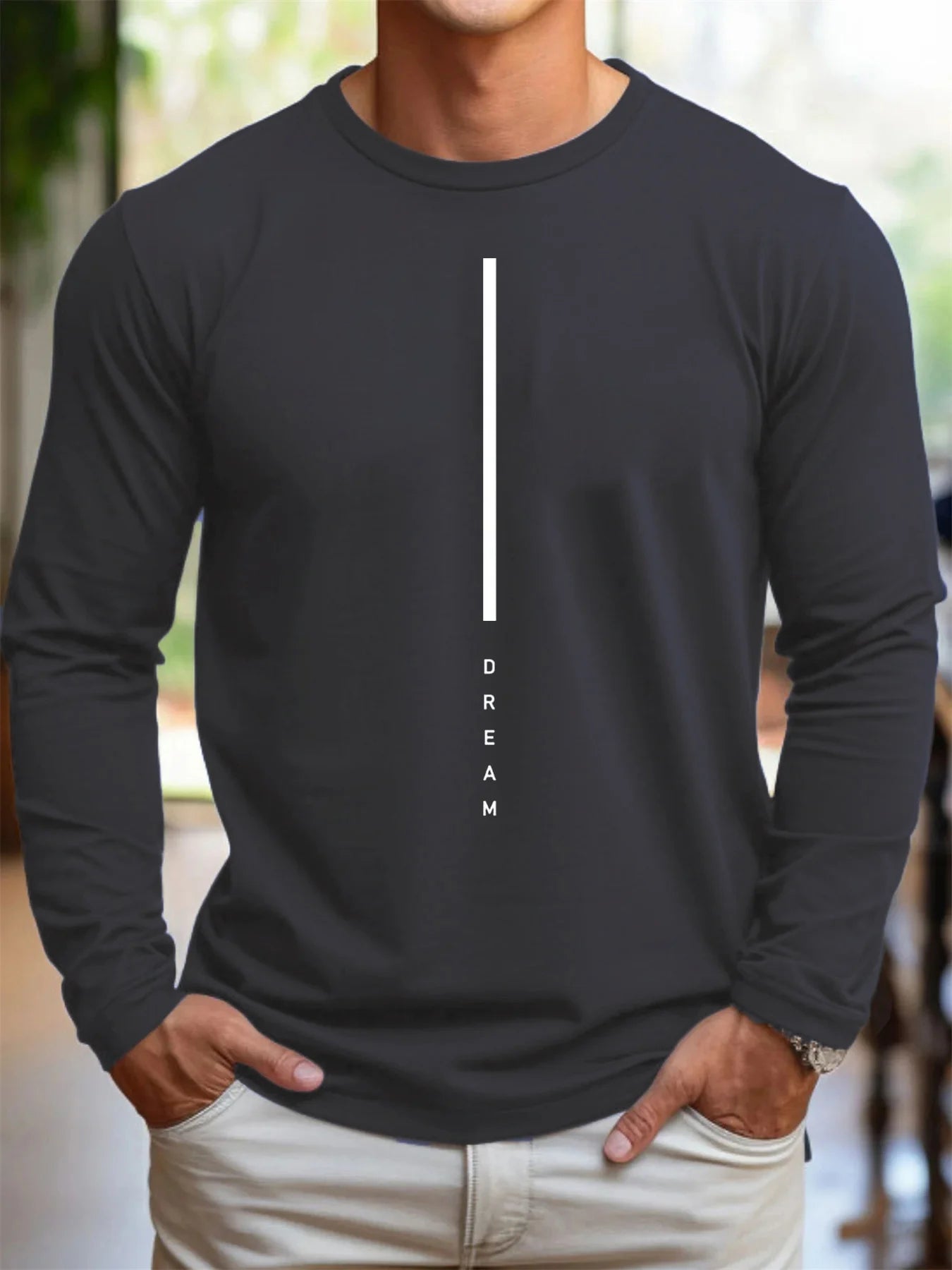 100% pure cotton men's long sleeved round neck loose casual DREAM letter printed spring and autumn versatile T-shirt top