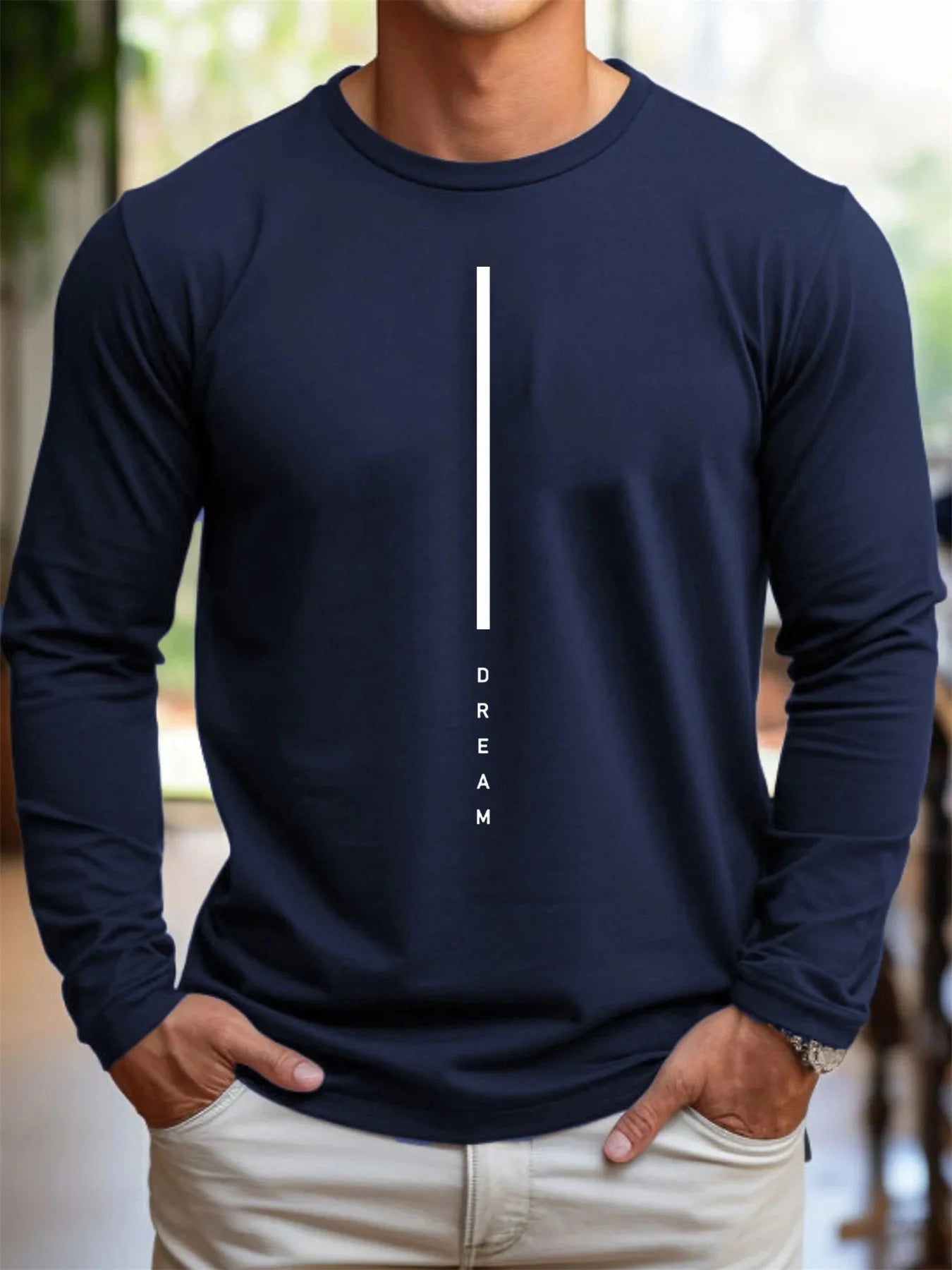 100% pure cotton men's long sleeved round neck loose casual DREAM letter printed spring and autumn versatile T-shirt top