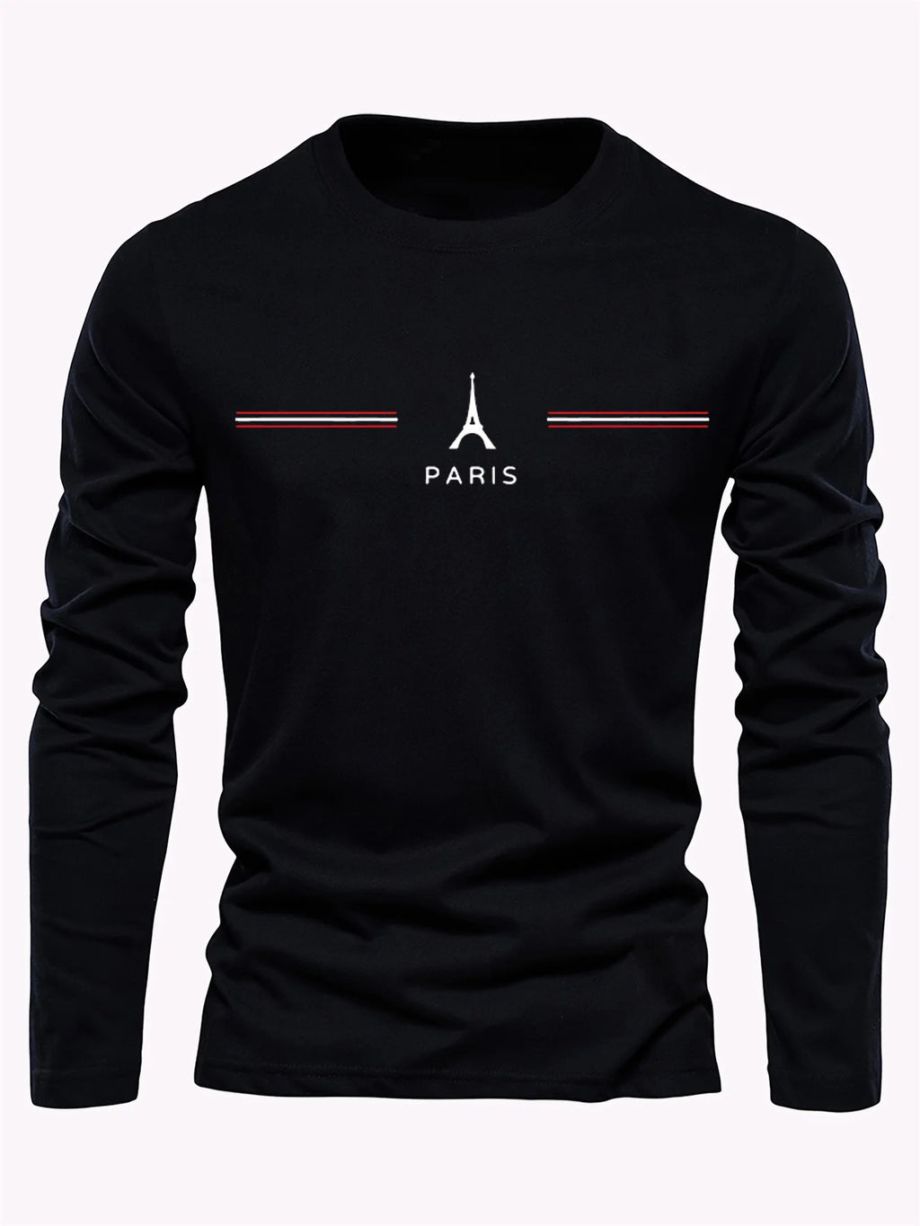 100% pure cotton men's long sleeved round neck loose casual Paris pattern print spring and autumn versatile T-shirt top