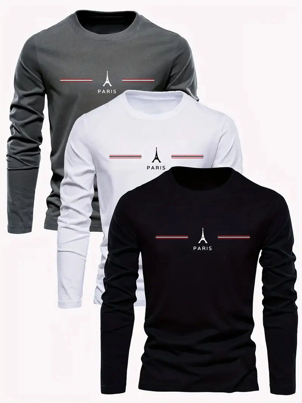 100% pure cotton men's long sleeved round neck loose casual Paris pattern print spring and autumn versatile T-shirt top