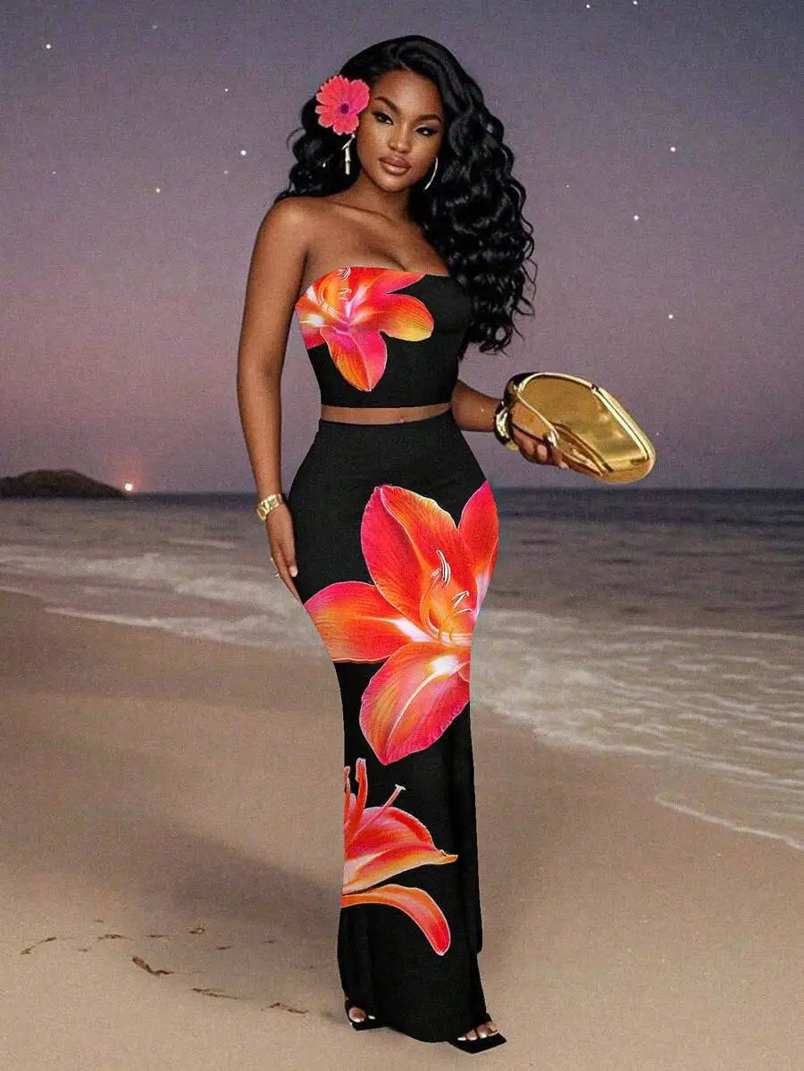 Women's Floral Print Strapless Crop Top & Maxi Skirt Set, Summer Beach Party Outfit