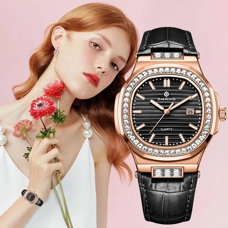 LIGE Bangwei Fashion Simple Quartz Woman Watch Diamond Watches Auto Date Waterproof Leather Casual Sport Women's Wristwatch Gift