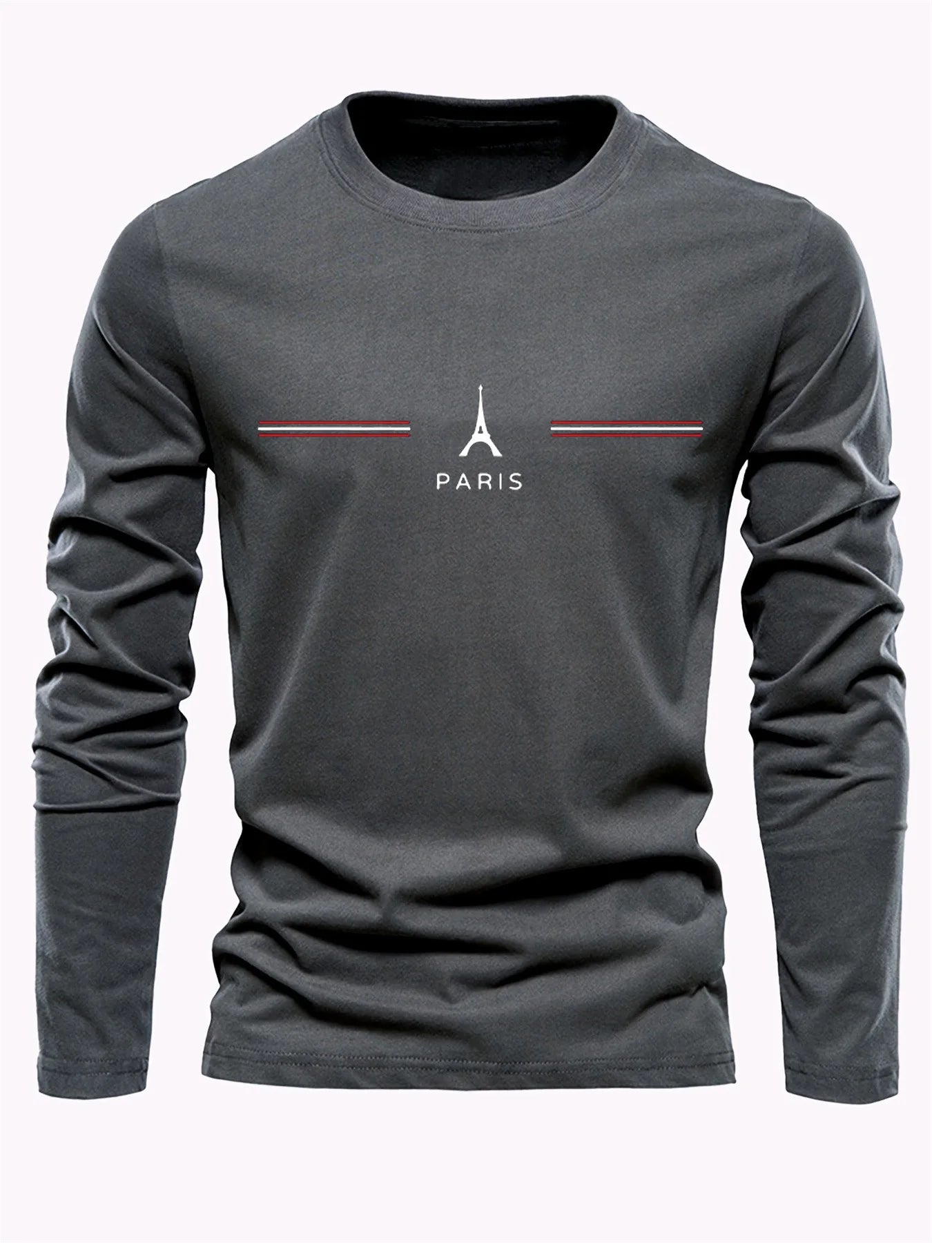 100% pure cotton men's long sleeved round neck loose casual Paris pattern print spring and autumn versatile T-shirt top