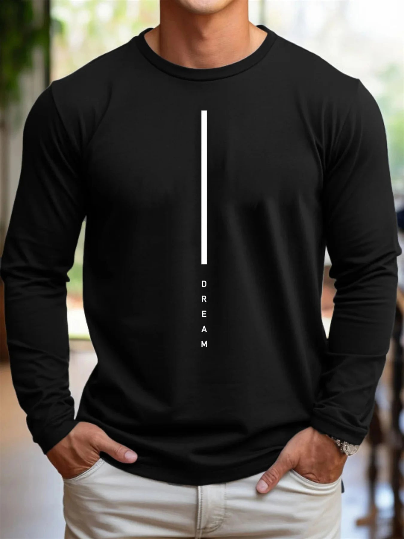 100% pure cotton men's long sleeved round neck loose casual DREAM letter printed spring and autumn versatile T-shirt top