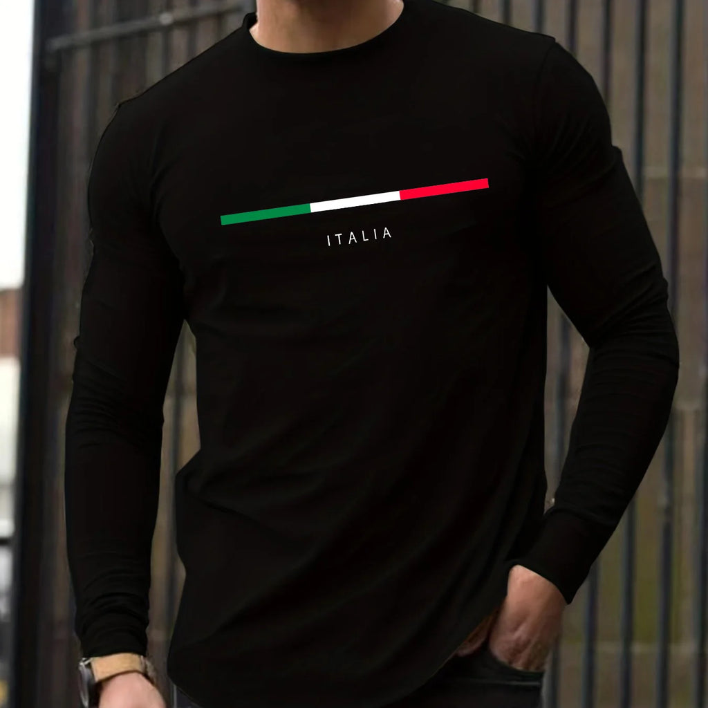 100% pure cotton men's long sleeved round neck loose ITALIA pattern printed spring and autumn casual versatile T-shirt top