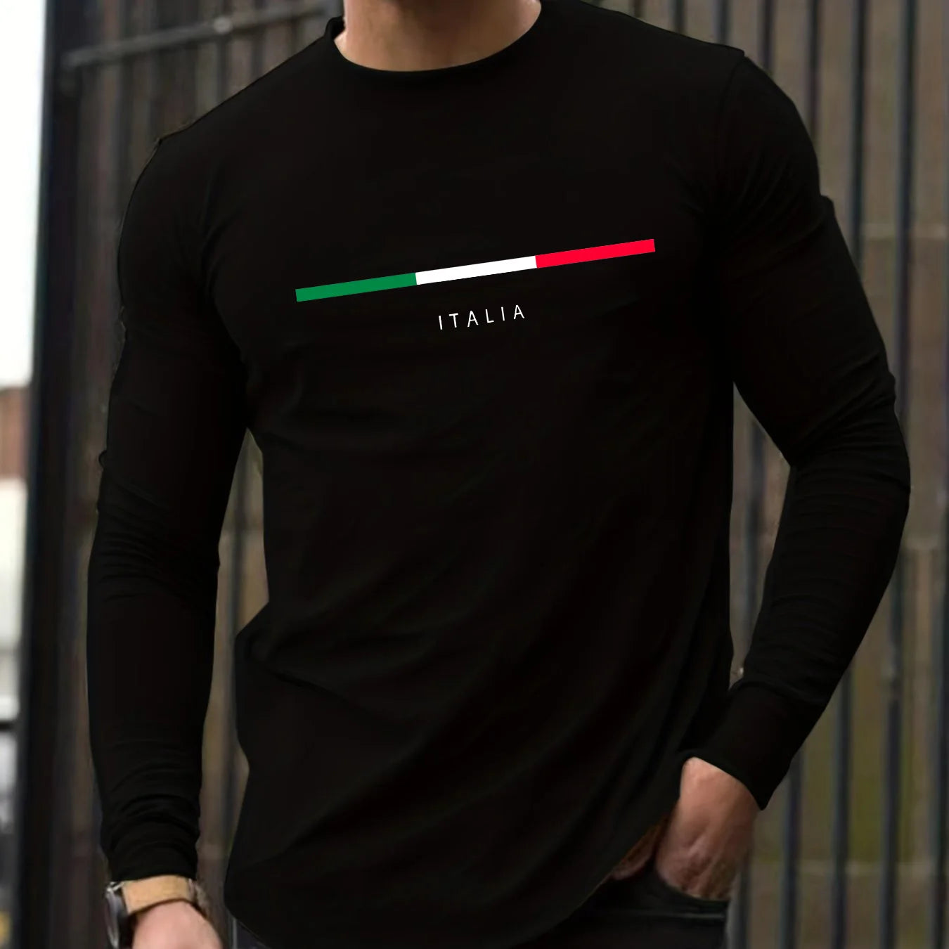 100% pure cotton men's long sleeved round neck loose ITALIA pattern printed spring and autumn casual versatile T-shirt top