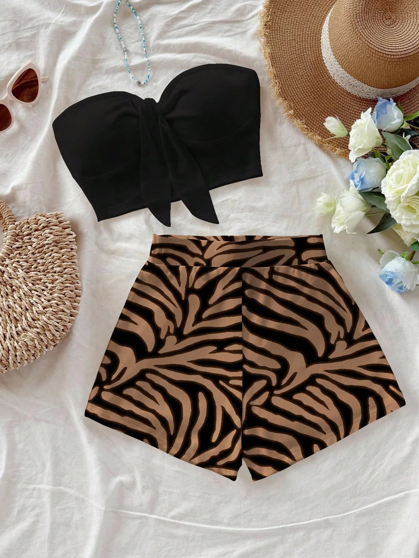 Women's Zebra Print Crop Top & Shorts Set, Black Bow Front, Summer Beach Casual Outfit