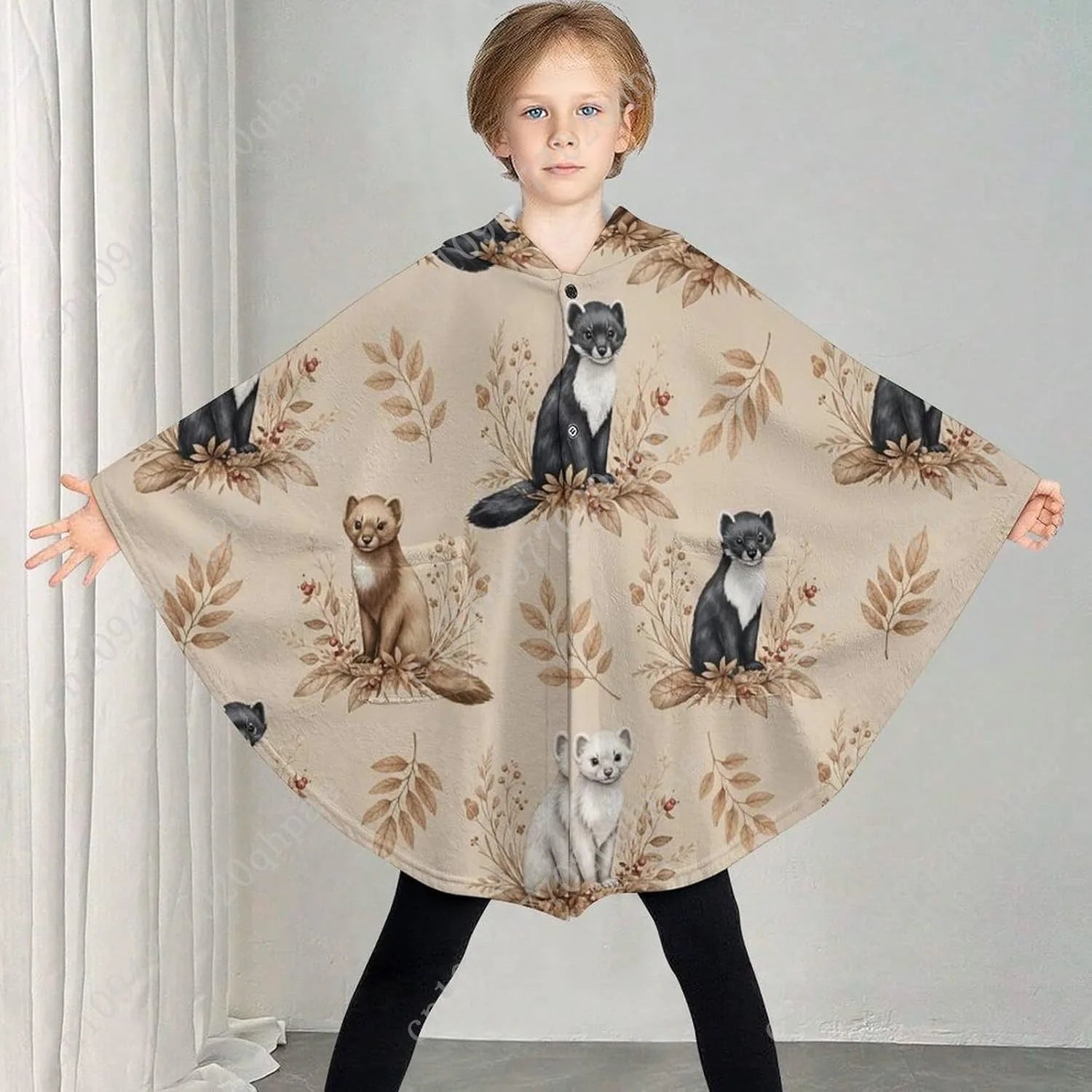Cozy Flannel Blanket Sweater,Animals Leaves Pattern Oversized Hoodie With Pockets For Kids And Teenagers