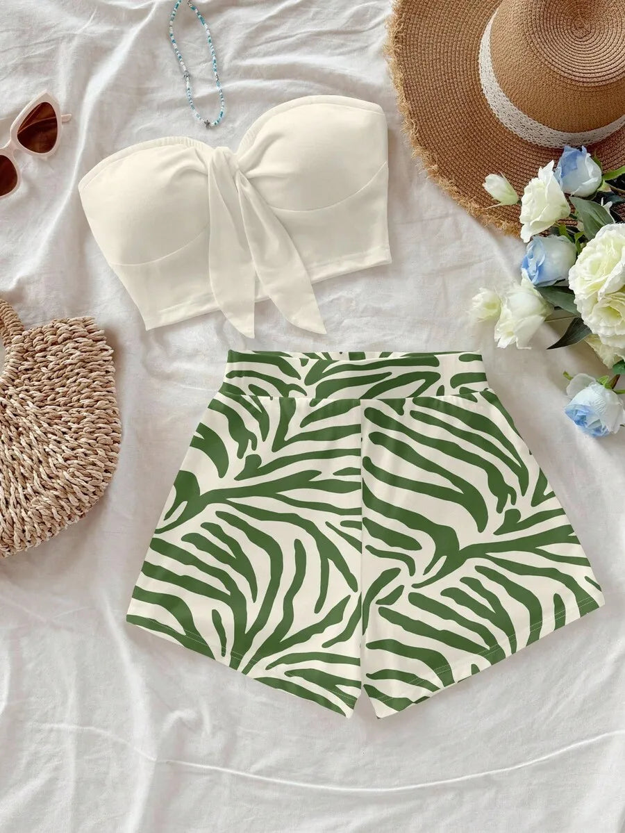 Women's Zebra Print Crop Top & Shorts Set, Black Bow Front, Summer Beach Casual Outfit