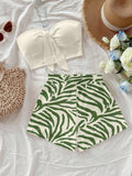 Women's Zebra Print Crop Top & Shorts Set, Black Bow Front, Summer Beach Casual Outfit
