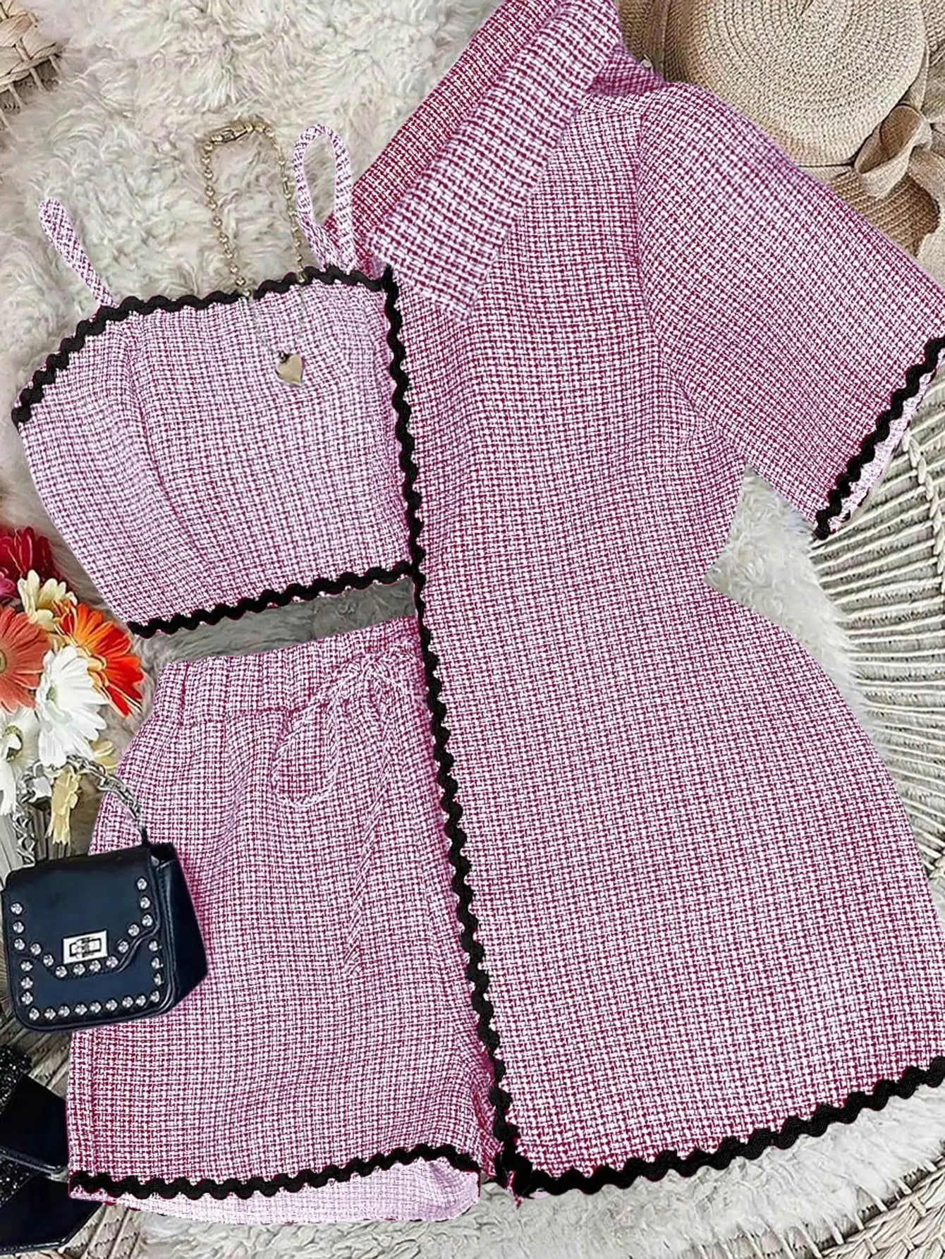 3-Piece Women's Set: Wavy Trim Cardigan, Cropped Cami & Shorts for Casual School or Commute