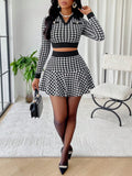 Women's Houndstooth Print V-Neck Long Sleeve Crop Top and Flared Mini Skirt 2-Piece Set