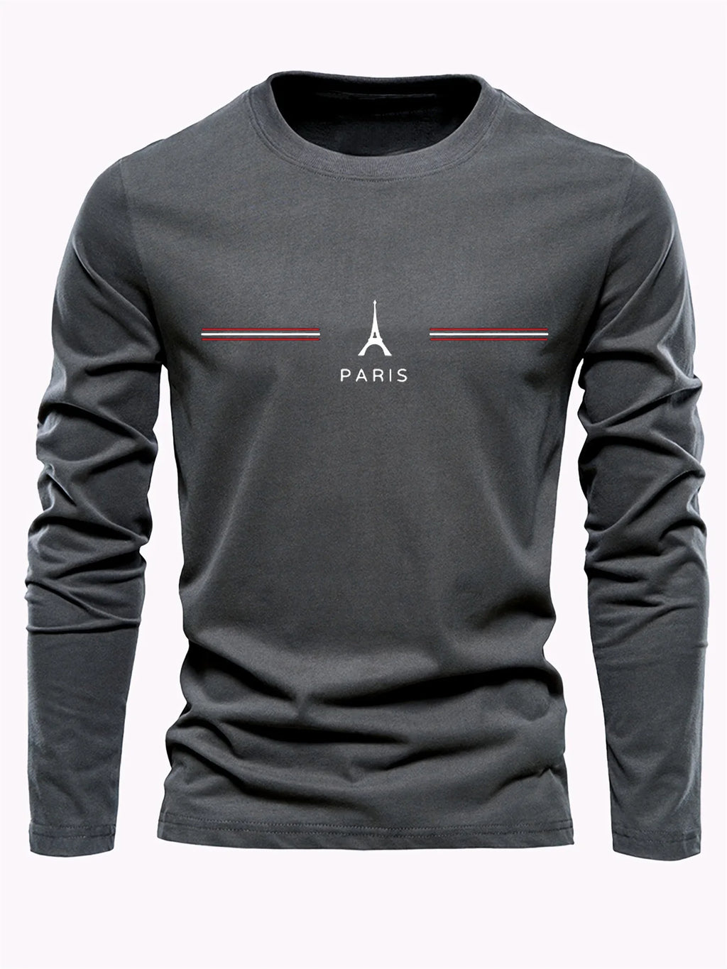 100% pure cotton men's long sleeved round neck loose casual Paris pattern print spring and autumn versatile T-shirt top