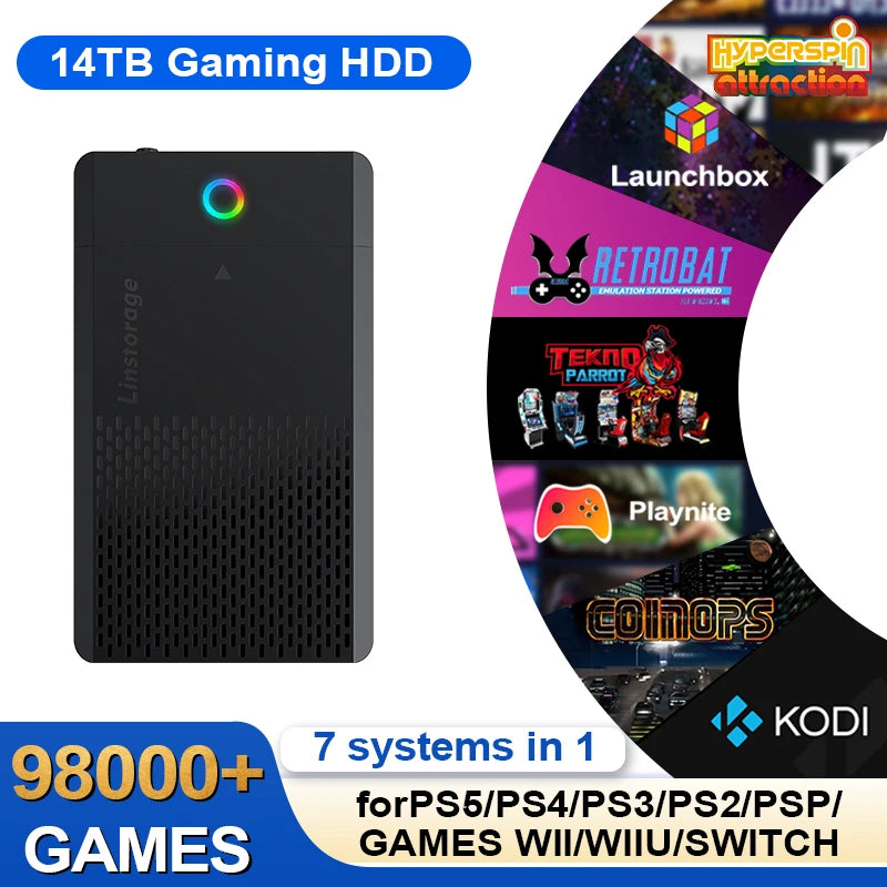 PEAPRIT 14TB Gaming HDD with Hyperspin Launchbox Retrobat Playnite 98K+ Retro Video Games Console for PS5/PS4/PS3/PS2/SWITCH/WII