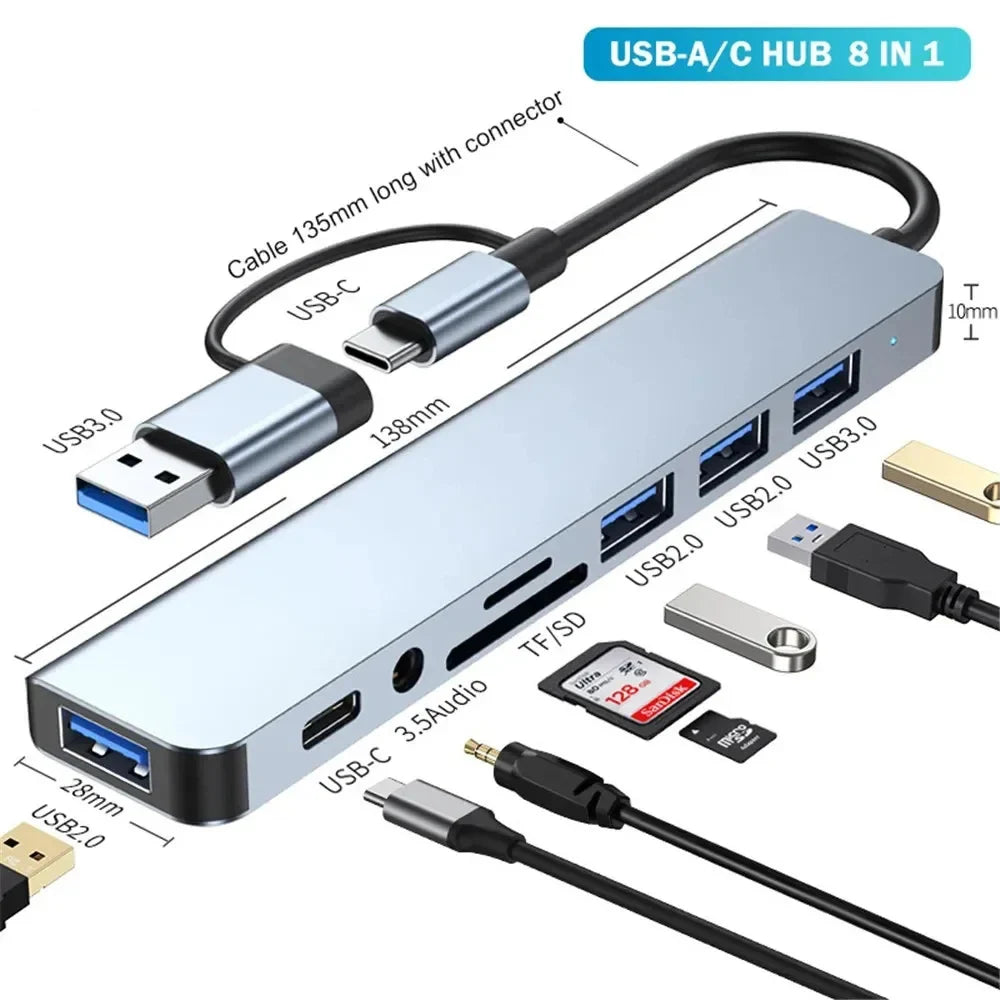 7/8 In1 USB C Hub Expander Multiport Adapter Type C Splitter Dock USB 3 Port for Xiaomi Phone Tablet Fast Data Transfer