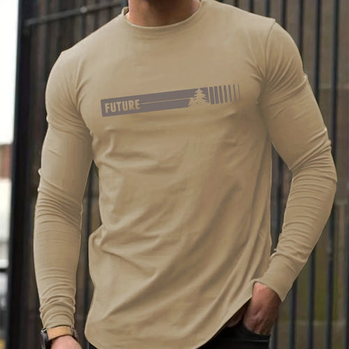 100% pure cotton men's long sleeved round neck loose future letter pattern printed spring and autumn versatile T-shirt top