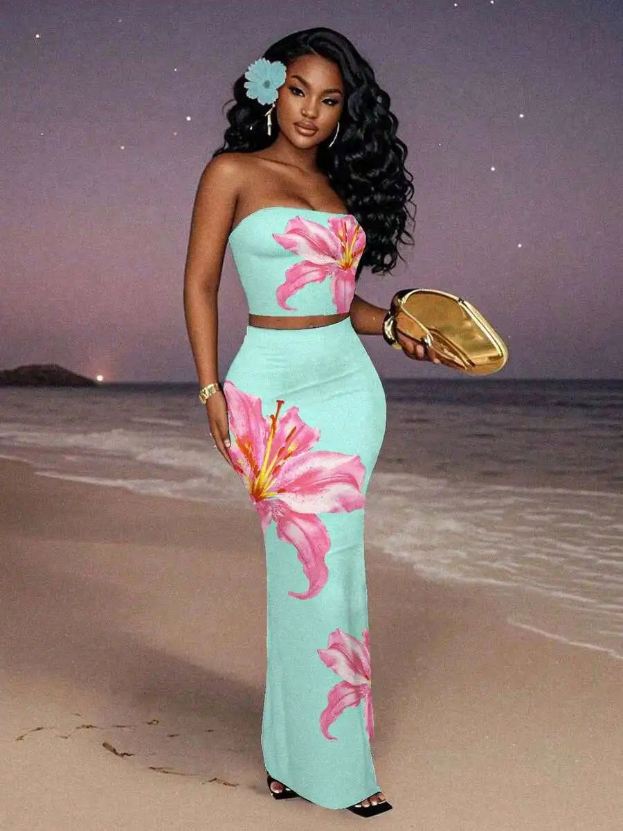 Women's Floral Print Strapless Crop Top & Maxi Skirt Set, Summer Beach Party Outfit