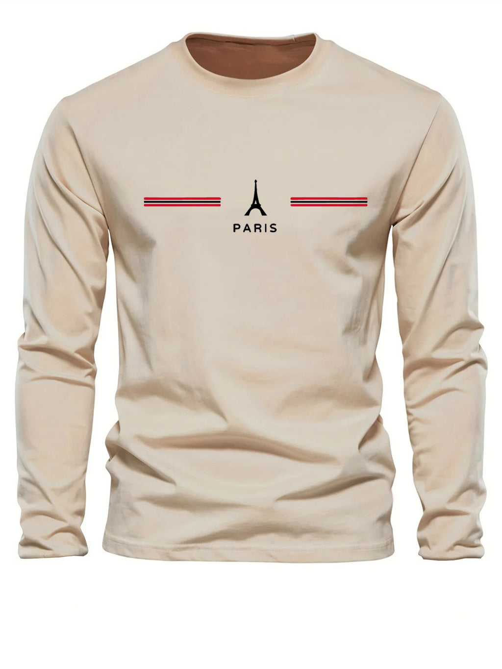 100% pure cotton men's long sleeved round neck loose casual Paris pattern print spring and autumn versatile T-shirt top