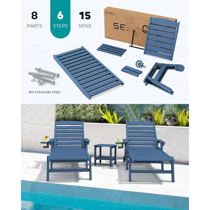 Patio Chaise Lounge Chair Set Of 2, 78'' Long 5-Positions Adjustable HDPE Outdoor Lounger For Pool, Poly Lounge Chair