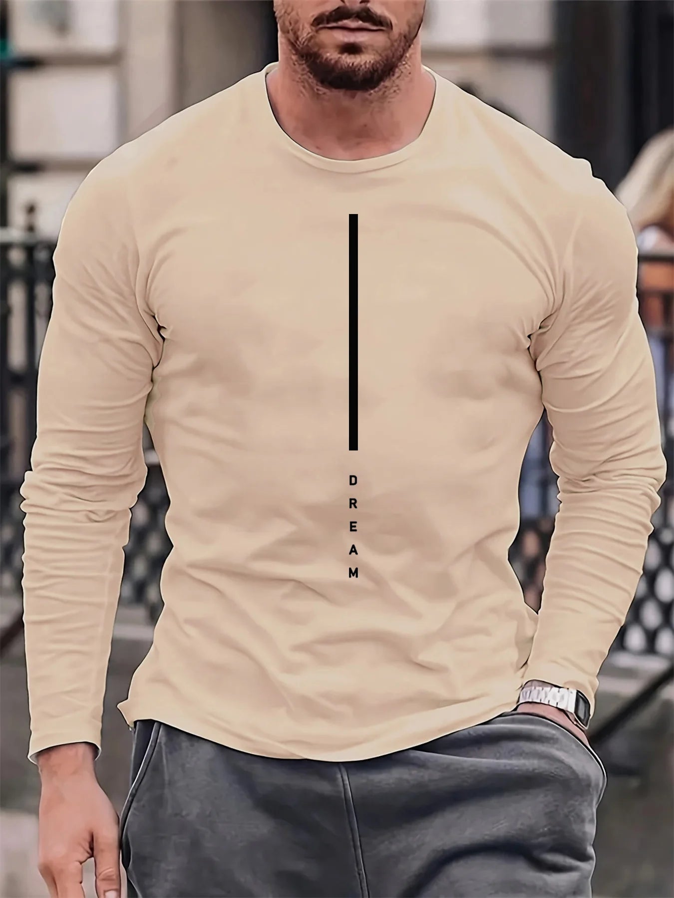 100% pure cotton men's long sleeved round neck loose casual DREAM letter printed spring and autumn versatile T-shirt top