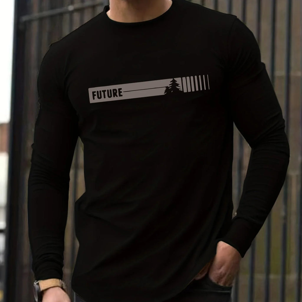 100% pure cotton men's long sleeved round neck loose future letter pattern printed spring and autumn versatile T-shirt top