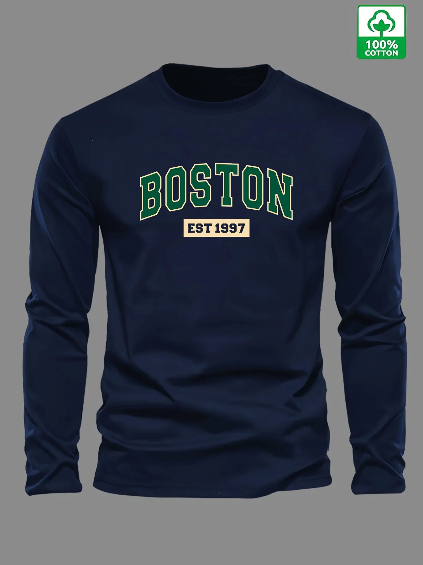 100% cotton men's long sleeved round neck loose BOSTON EST 1997 letter printed autumn and winter casual versatile T-shirt top