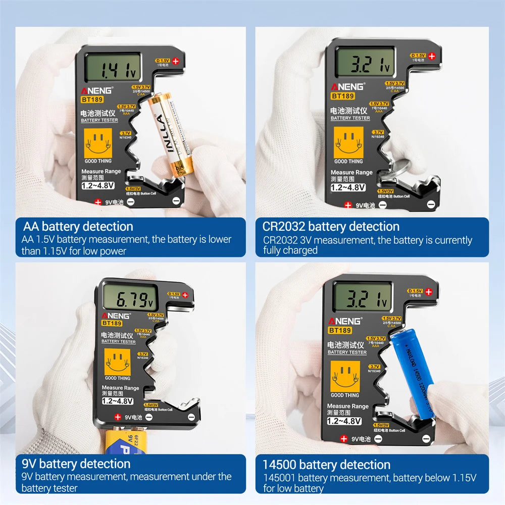 BT189 9V Battery Tester AA AAA Universal Digital Battery Tester Coin Cell Battery Tester Electricity Testing Tools