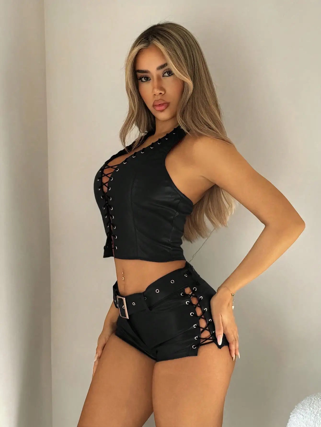 Burgundy Faux Leather 2-Piece Set: Halter Crop Top with Lace-Up Detail & High-Waisted Shorts