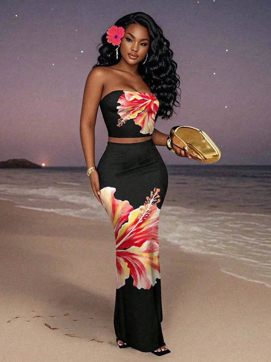 Women's Floral Print Strapless Crop Top & Maxi Skirt Set, Summer Beach Party Outfit
