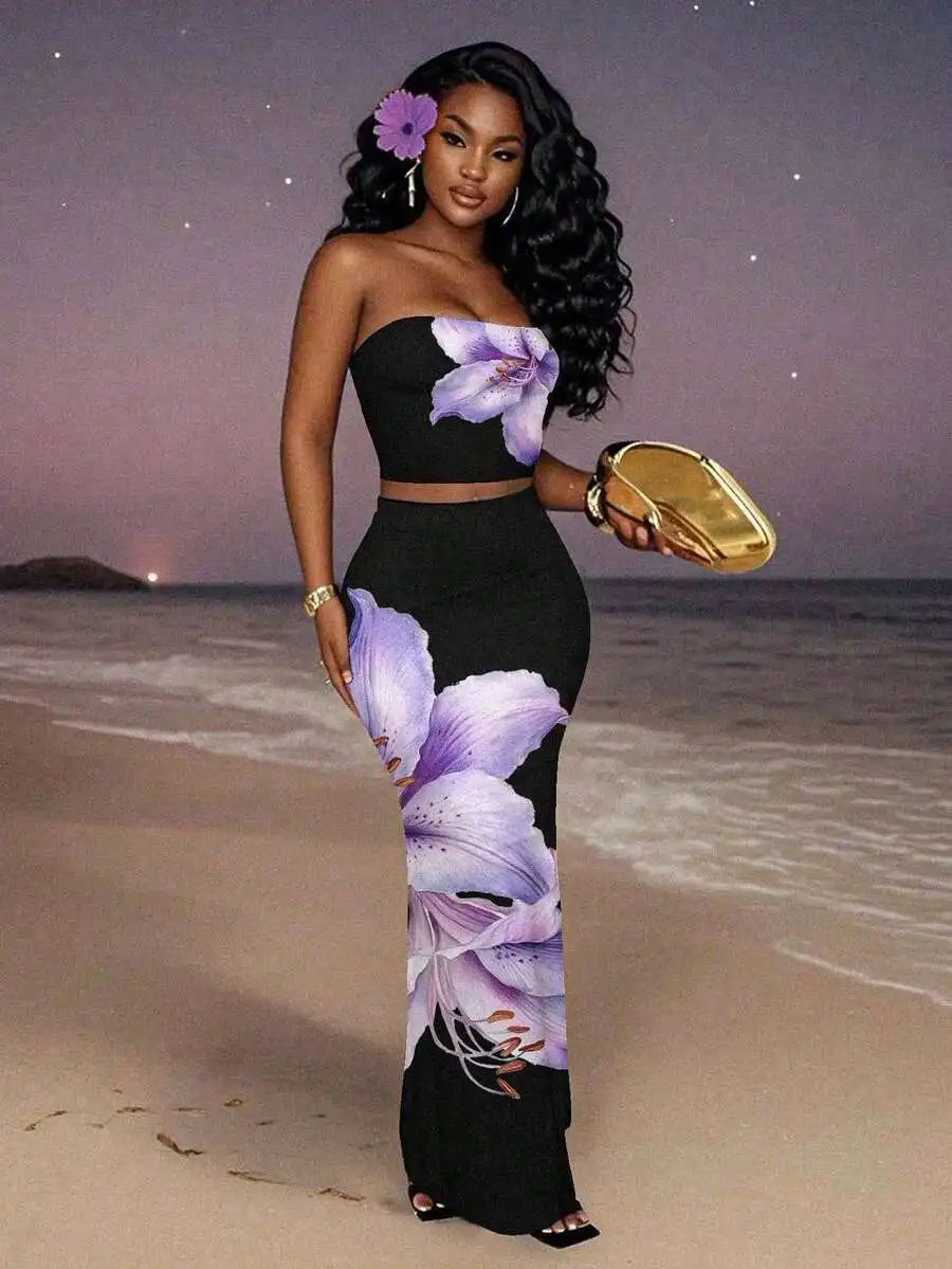 Women's Floral Print Strapless Crop Top & Maxi Skirt Set, Summer Beach Party Outfit