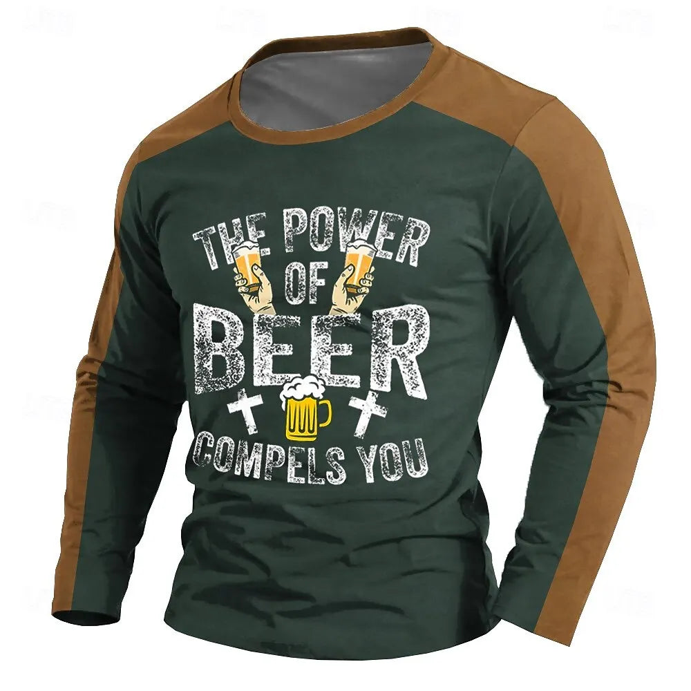 Funny 3D Beer Print T Shirt For Men Fashion Letter Pattern Long Sleeved T-Shirt Casual O-neck Oversized Pullover Autumn Clothing