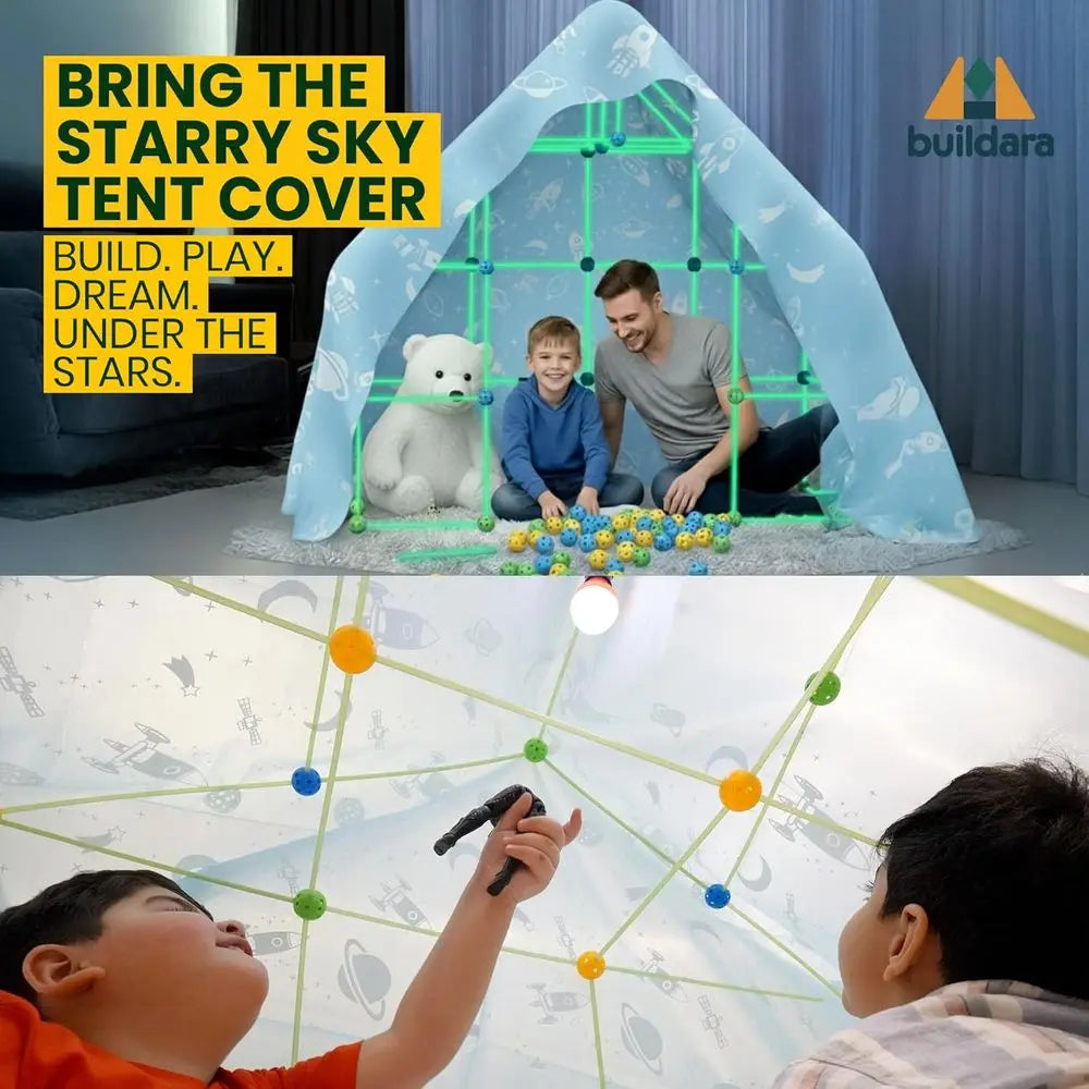 ort Building Kit or Kids -132 PCS- Glow-in-The-k STEM Tent or Kids with Starry Sheet & Light - Indoor and Outdoor Building Toy o