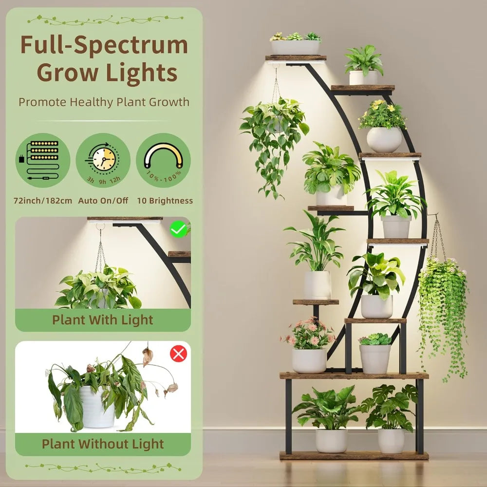 Plant Stand Indoor with Grow Lights, 9 Tiered Metal Plant Shelf, 63" Tall Plant Stand for Indoor Plants Multiple