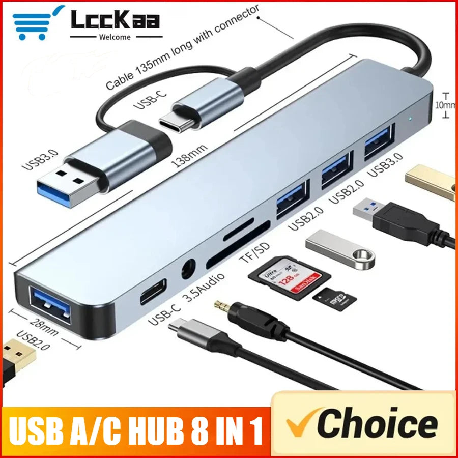 7/8 In1 USB C Hub Expander Multiport Adapter Type C Splitter Dock USB 3 Port for Xiaomi Phone Tablet Fast Data Transfer