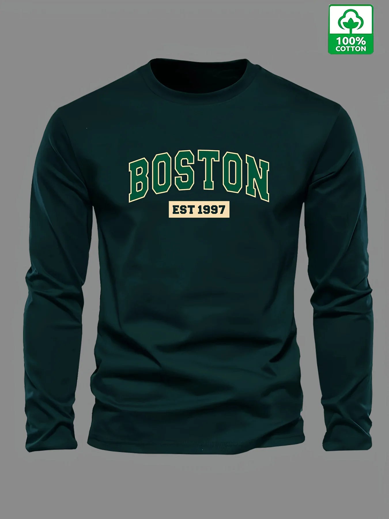 100% cotton men's long sleeved round neck loose BOSTON EST 1997 letter printed autumn and winter casual versatile T-shirt top