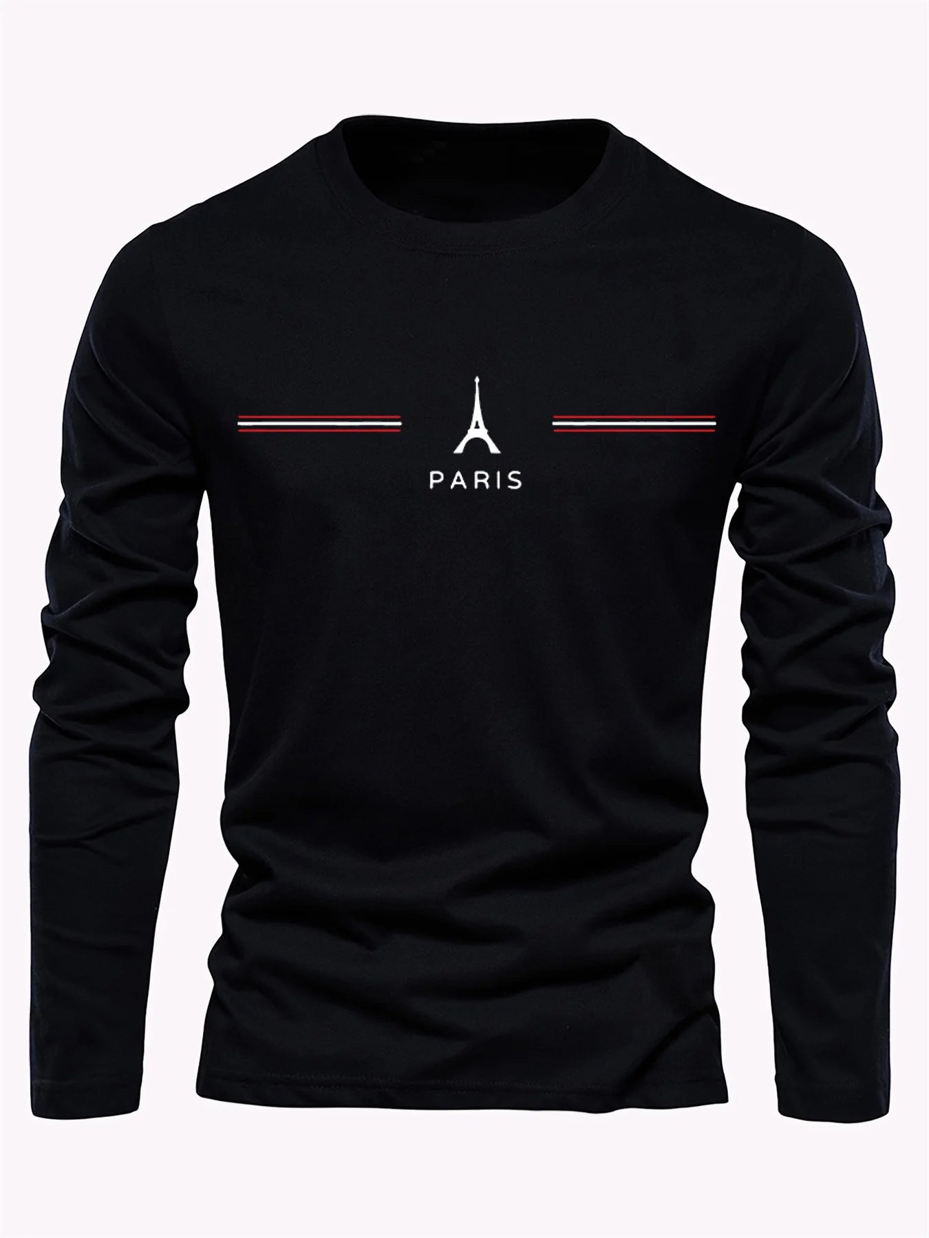 100% pure cotton men's long sleeved round neck loose casual Paris pattern print spring and autumn versatile T-shirt top