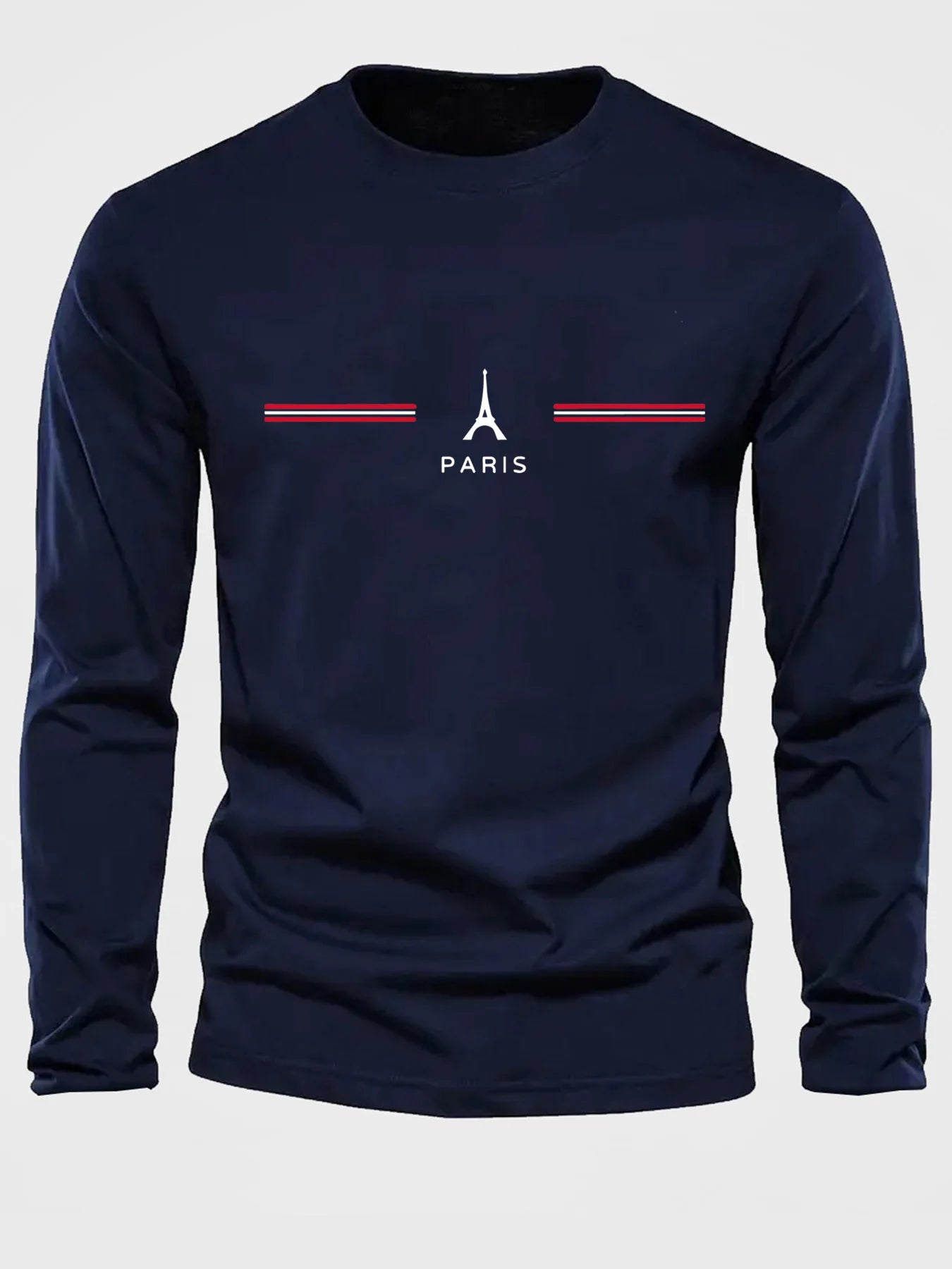 100% pure cotton men's long sleeved round neck loose casual Paris pattern print spring and autumn versatile T-shirt top