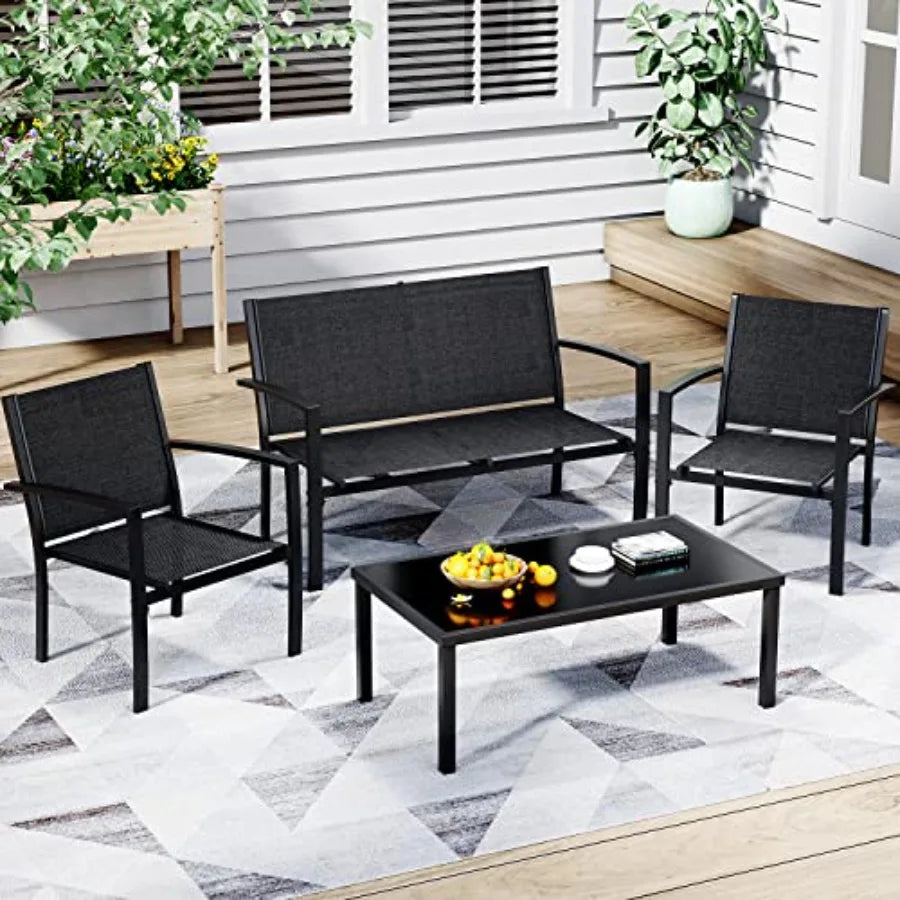 Greesum 4 Pieces Patio Furniture Set Outdoor Conversation Sets for Patio Lawn Garden Poolside with A Glass Coffee Table Black