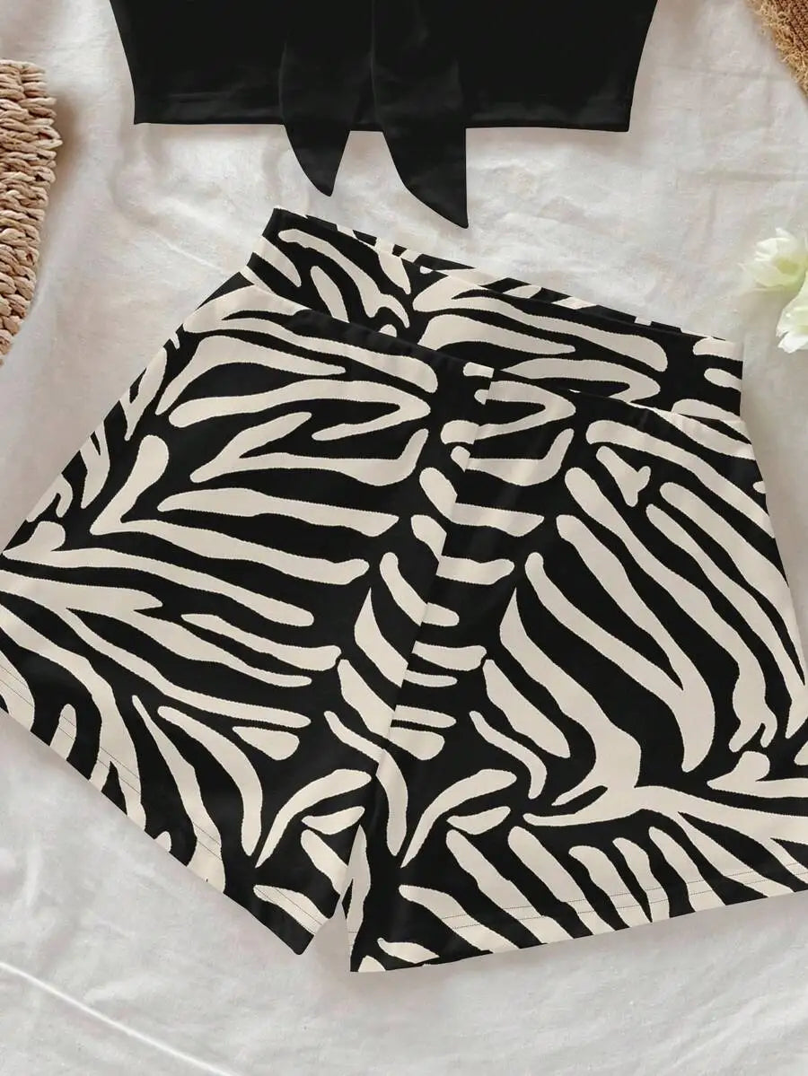 Women's Zebra Print Crop Top & Shorts Set, Black Bow Front, Summer Beach Casual Outfit