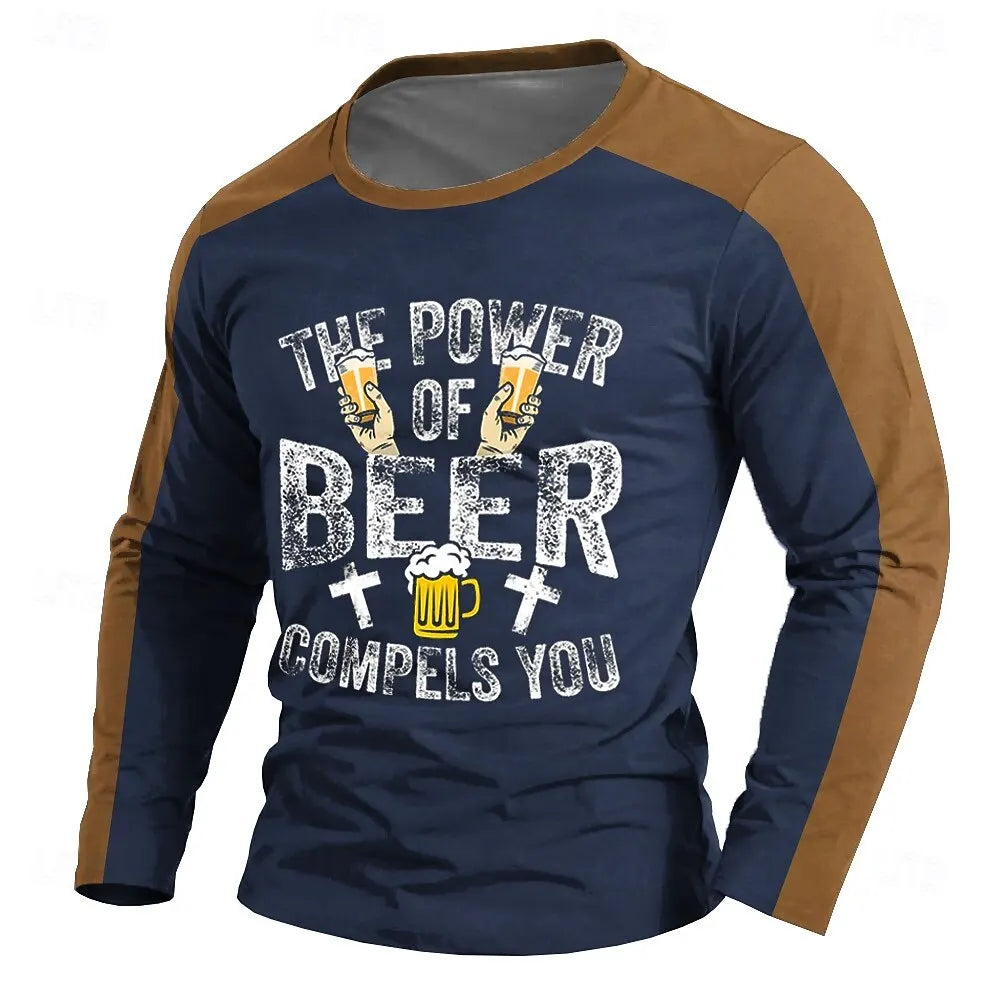 Funny 3D Beer Print T Shirt For Men Fashion Letter Pattern Long Sleeved T-Shirt Casual O-neck Oversized Pullover Autumn Clothing