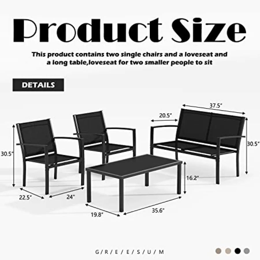 Greesum 4 Pieces Patio Furniture Set Outdoor Conversation Sets for Patio Lawn Garden Poolside with A Glass Coffee Table Black