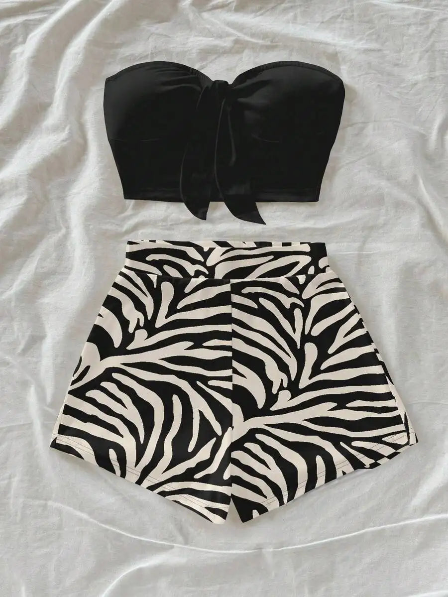 Women's Zebra Print Crop Top & Shorts Set, Black Bow Front, Summer Beach Casual Outfit
