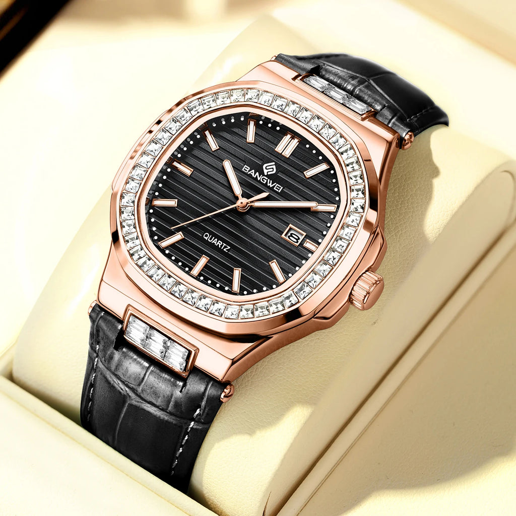 LIGE Bangwei Fashion Simple Quartz Woman Watch Diamond Watches Auto Date Waterproof Leather Casual Sport Women's Wristwatch Gift