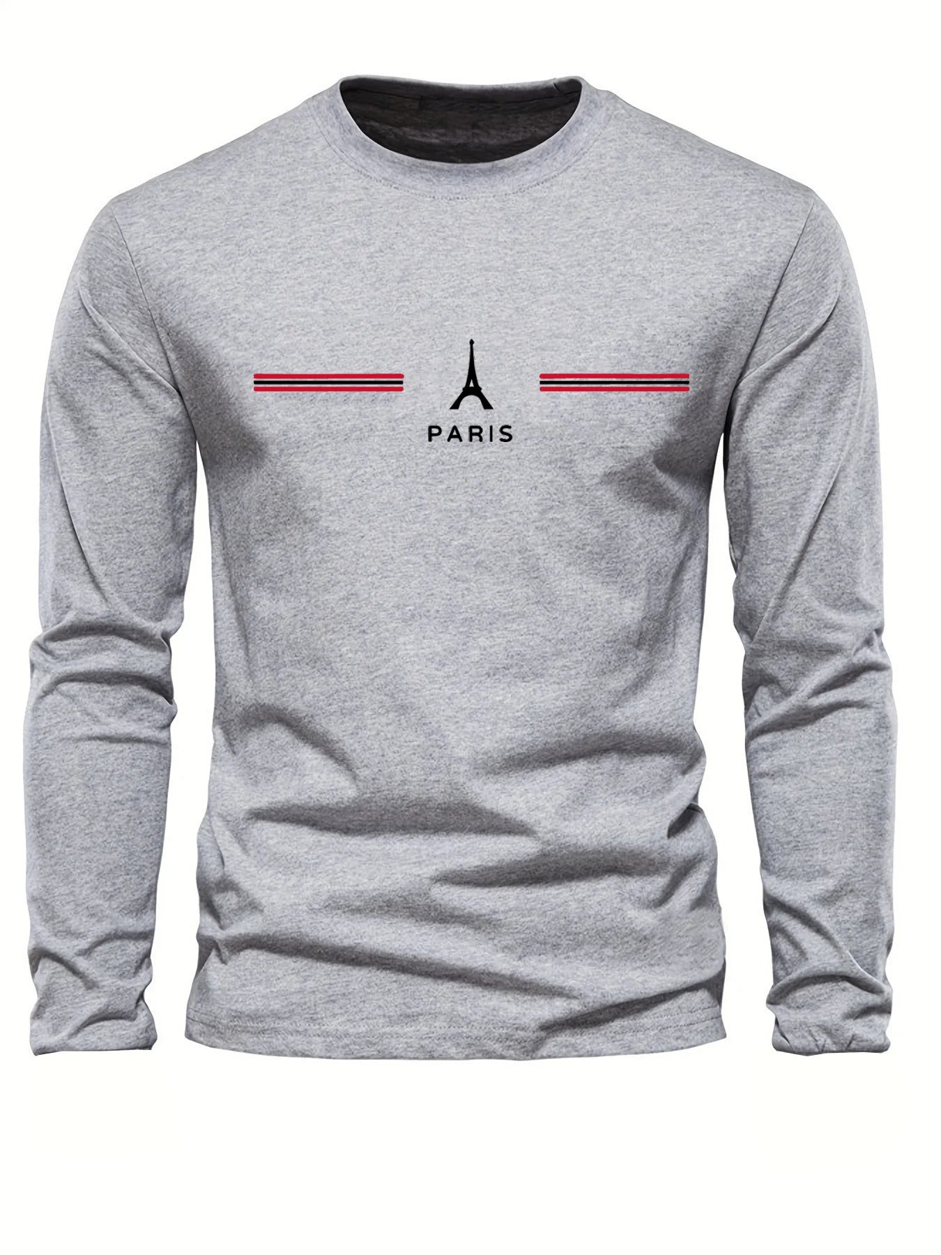 100% pure cotton men's long sleeved round neck loose casual Paris pattern print spring and autumn versatile T-shirt top