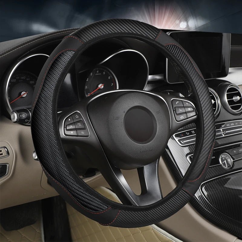 Car Steering Wheel Cover Breathable Anti Slip PU Leather Steering Covers Suitable 37-38.5cm Auto Decoration Carbon Fiber