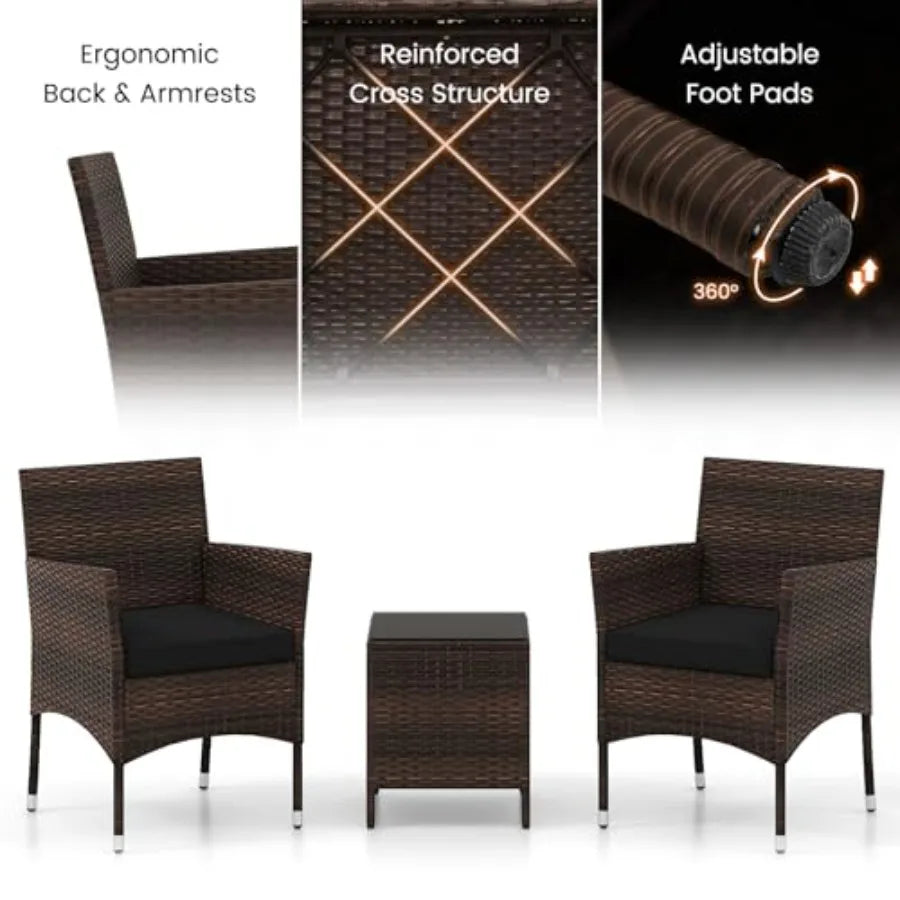 Tangkula 3 Pieces Patio Rattan Furniture Set Outdoor Conversation Set with PE Wicker Armchairs Tempered Glass Top Coffee Table