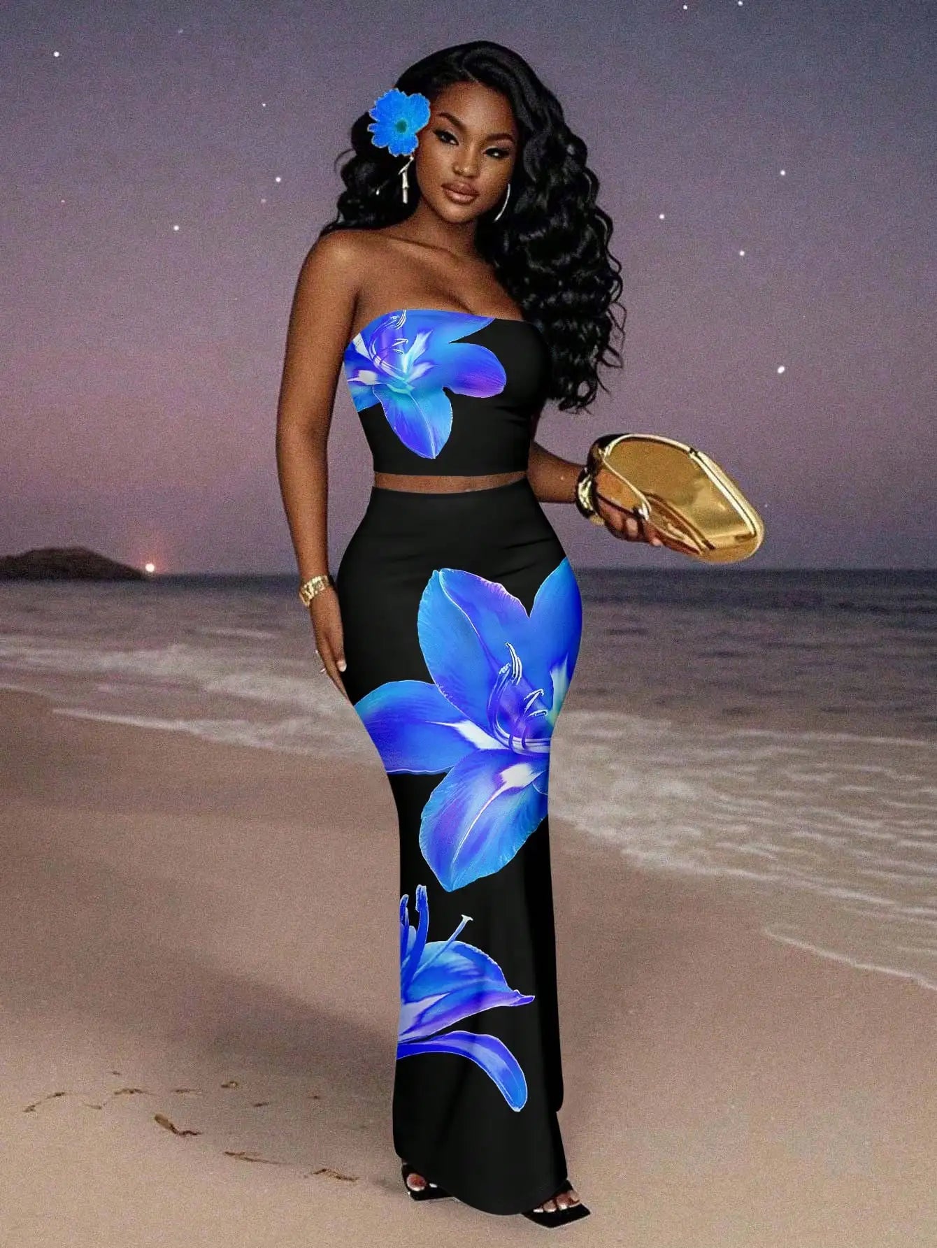 Women's Floral Print Strapless Crop Top & Maxi Skirt Set, Summer Beach Party Outfit